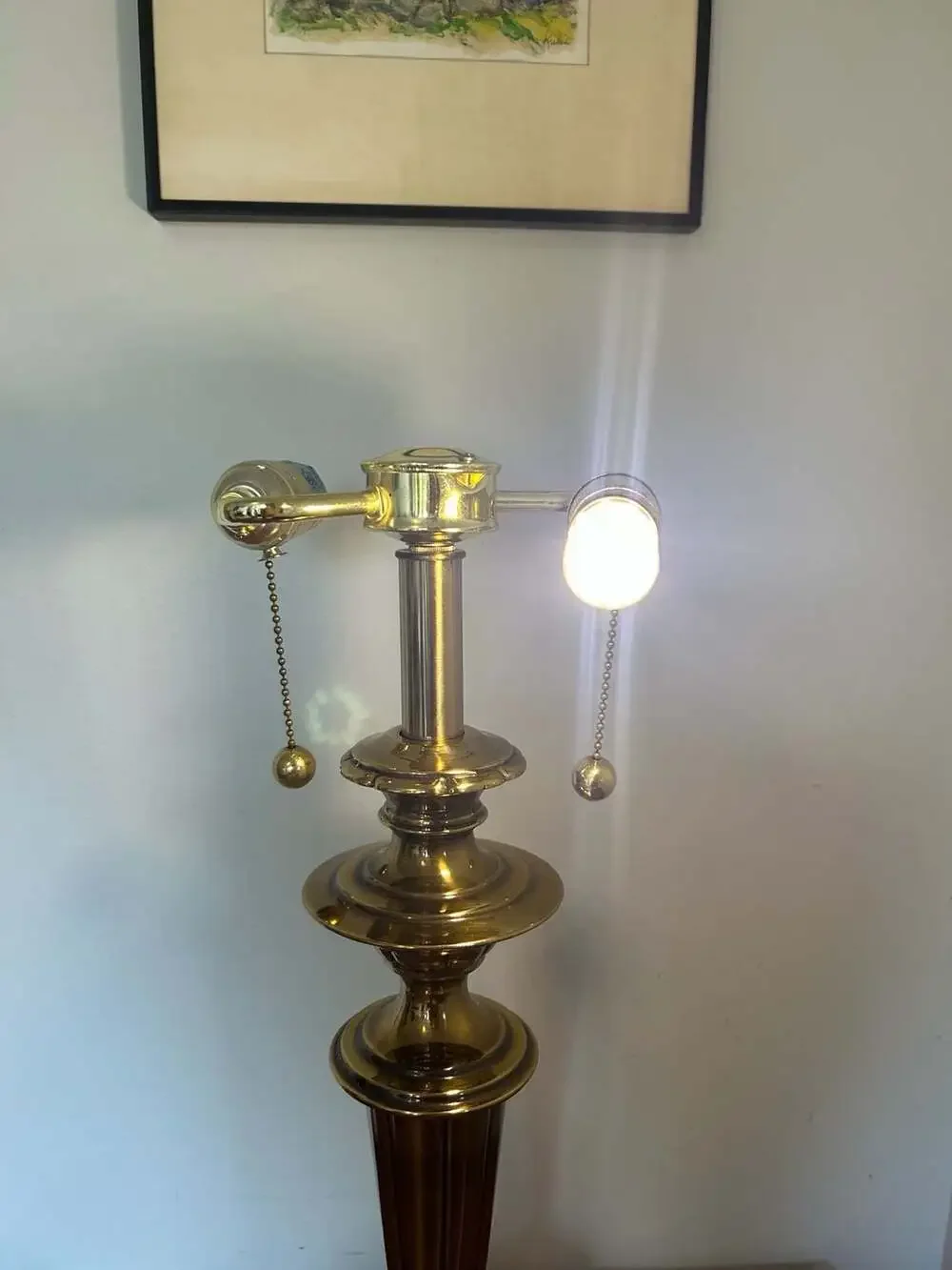 Vintage Stiffel Style Solid Brass Two-Bulb Table Lamp with Pull Chains